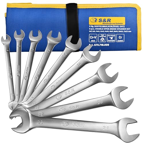 S&R Doppel-Maulschlüssel Satz 9-teilig, Master-Serie, Gabelschlüssel 6-23 mm, Cr-V Industriestahl, geschmiedet, gehärtet, doppelt verchromt, mattiert, Schraubenschlüssel in Tetron-Rolltasche S&R Doppel-Maulschlüssel Satz 9-teilig, Master-Serie, Gabelschlüssel 6-23 mm, Cr-V Industriestahl, geschmiedet, gehärtet, doppelt verchromt, mattiert, Schraubenschlüssel in Tetron-Rolltasche von S&R