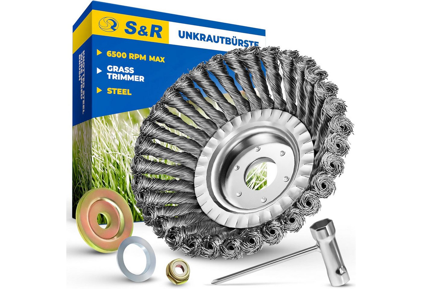 S&R Drahtbürste Stahlbürste, Unkrautbürste 150 mm x 25,4 mm, für Rasentrimmer, (Set, 5-TLG Set mit Zubehör), Motorsense Freischneider, gegen Unkraut, Moos, starke Verunreinigungen von S&R