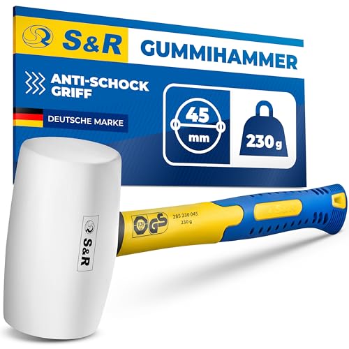 S&R Gummihammer weiß 45 mm, 230 Gr, mit rutschfestem stoßdämpfendem Fiberglasstiel, keine Spuren bei Möbel, Fliesen, Fensterrahmen von S&R