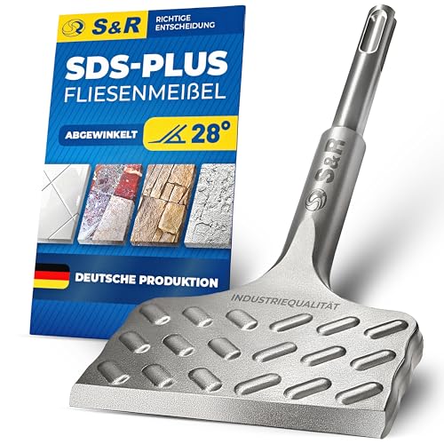 S&R Hochleistungs - Fliesenmeißel SDS plus 165 mm x 75 mm abgewinkelt, Meißel in Industrie-Qualität Made in Germany, optimierte Geometrie für Fliesen und Fliesenkleber, gehärtet, breit, Thunder von S&R