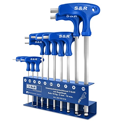 S&R Innensechskantschlüssel Satz HX, S2 Hochleistungsstahl, T-Griff, Kugelkopf, zuverlässiger Korrosionsschutz, Werkzeughalter aus Metall, 10-tlg 2 mm - 10 mm, Sechskant Schlüssel Set Metrisch von S&R