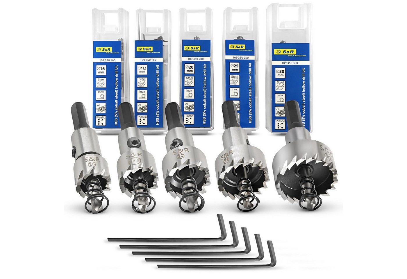 S&R Lochsäge HSS COBALT Stahl, 5% Kobalt-legiert, M35, HRC 64-66, Combo-Verzahnung, Set, 5-tlg., 5 teilig: 16 / 18,5 / 20 / 25 / 30 mm, Lochsägen-Satz für Metalle, Stahl, Edelstahl, Aluminium, Kunststoffe S&R Lochsäge HSS COBALT Stahl, 5% Kobalt-legiert, M35, HRC 64-66, Combo-Verzahnung, Set, 5-tlg., 5 teilig: 16 / 18,5 / 20 / 25 / 30 mm, Lochsägen-Satz für Metalle, Stahl, Edelstahl, Aluminium, Kunststoffe von S&R