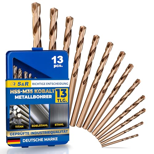 S&R Metallbohrer-Set 1,5-6,5 mm, 13-tlg. Bohrerset HSS-G, Cobaltlegiert, Hochleistungs- und Präzisionsbohrer, Spiralbohrer für Edelstahl, Gusseisen und Stahl, konischer Oberflächenschliff von S&R
