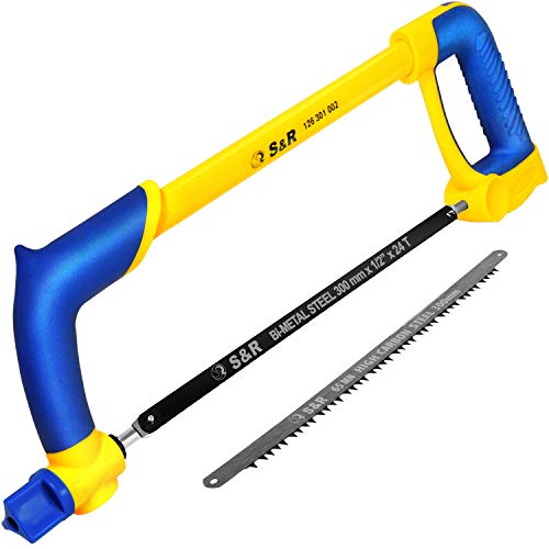 S&R 300 mm Multifunktions-Bügelsäge für Metall, Kunststoff, Holz, inkl. zwei gehärteten Hochleistungs-Sägeblättern, Komfort-Ergo-Griff, Metallsäge, Handbügelsäge, Feinsäge, Eisensäge von S&R