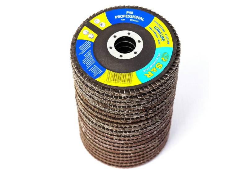 S&R Schleifscheibe Fächerschleifer 115 x 22,23 mm, PRO ALUMINIUM OXID, T29, (Set, 20 St., je 5x Körnung P40 / P60 / P80 / P120), Lamellenschleifer, Schruppscheiben für Holz und Metall von S&R