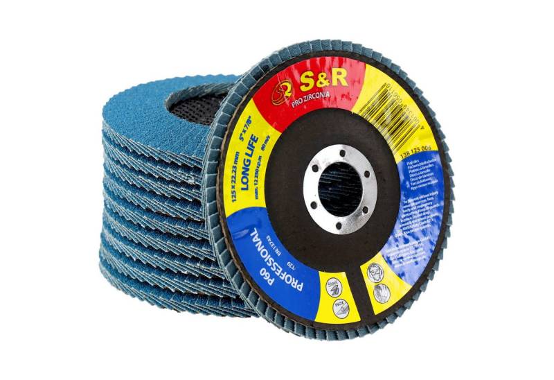 S&R Schleifscheibe Fächerschleifscheiben Set, 125 x 22,23 mm, Profi Qualität, (Set, 10 St., 10-teilig), T29, Lamellenschleifer Satz für Stahl, Edelstahl, Körnung P60 von S&R