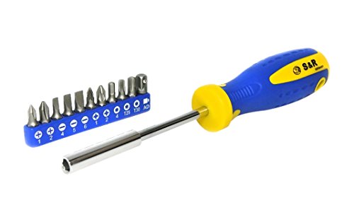 S&R Schraubendreher-Bithalter magnetisch mit Bitsatz, 11-teilig, handschonender Kraftform-Griff, 210 mm, rostfreier Bithalter, Universalschraubenzieher von S&R