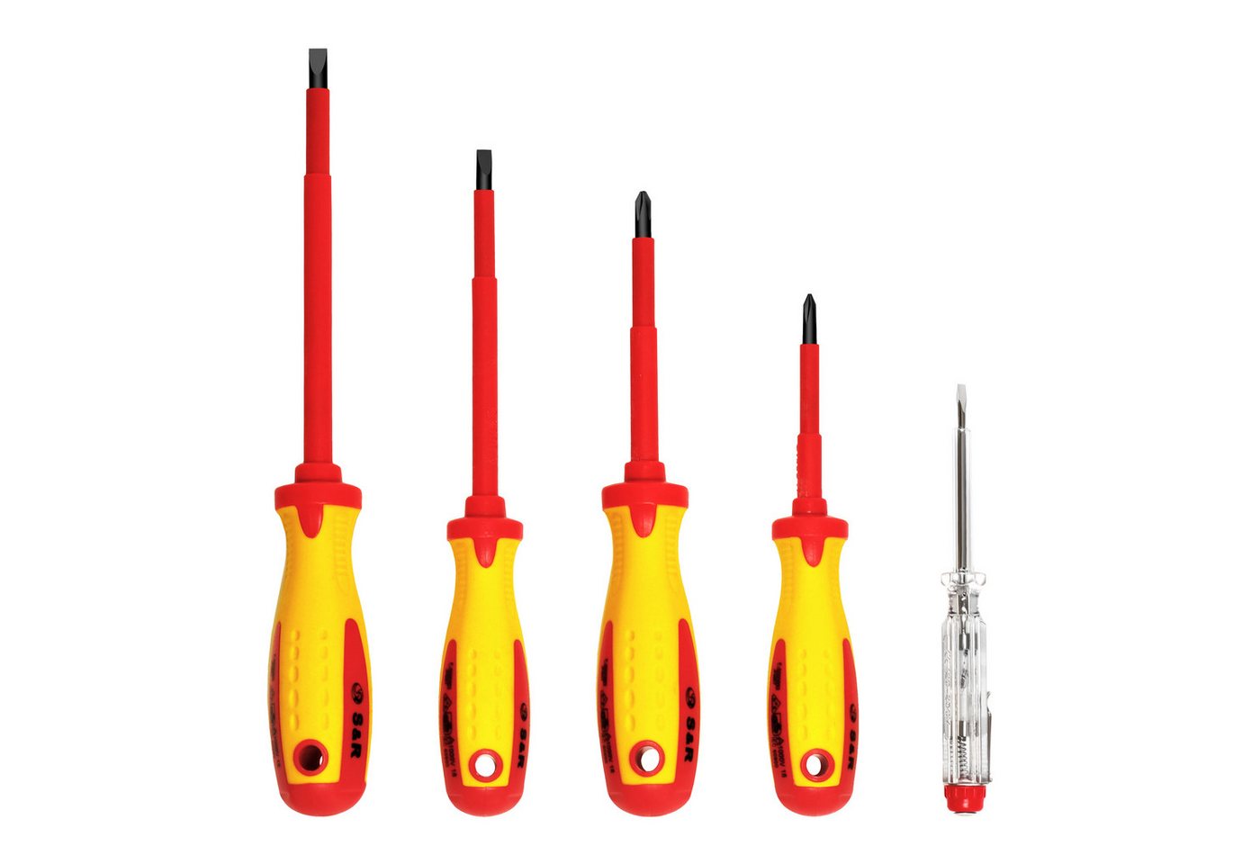 S&R Schraubendreher VDE Elektriker SL-PH-Spannungsprüfer, isoliert bis 1000 V AC, (Satz, 5 St., 5-teilig), starke magnetische Spitzen, gelochte Ergo-Griffe, in Profi-Qualität von S&R