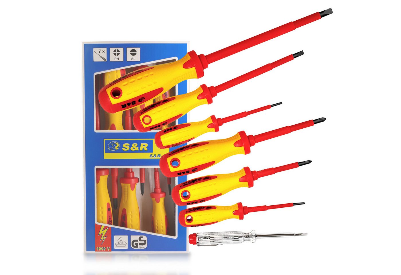 S&R Schraubendreher VDE Elektriker SL-PH-Spannungsprüfer, isoliert bis 1000 V AC, (Satz, 7 St., 7-teilig), starke magnetische Spitzen, gelochte Ergo-Griffe, in Profi-Qualität von S&R