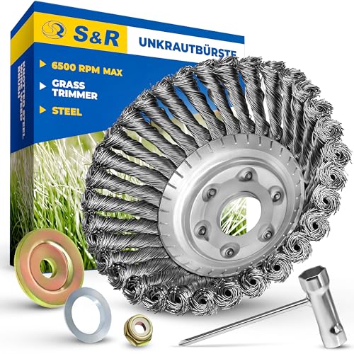 S&R Stahlbürste, Unkrautbürste 150 mm x 25,4 mm, 5-TLG Set mit Zubehör, Stahldraht gezopft, Kegelbürste für Rasentrimmer, Motorsense, Freischneider gegen Unkraut, Moos, Starke Verunreinigungen von S&R