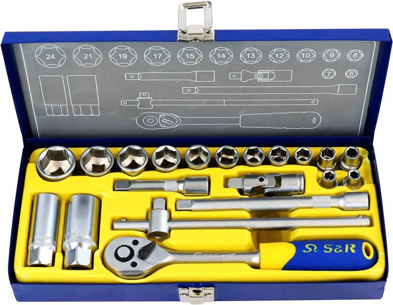 S&R Steckschlüssel - satz, 3/8" Lock-Drive Profil, in Metallbox, Knarrenkasten (Satz, 20-tlg), Steckschlüsselsatz auch für verrostete oder festsitzende Schrauben von S&R