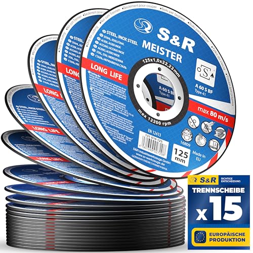 S&R Profi-Trennscheibe 125mm – Dünne 1mm Flexscheibe für Winkelschleifer, Metall-Trenner und -Schneider mit Aluminiumoxid, Glasfaserarmierung und Harzbindung – Ideal für Karosserie- und Behälterbau von S&R