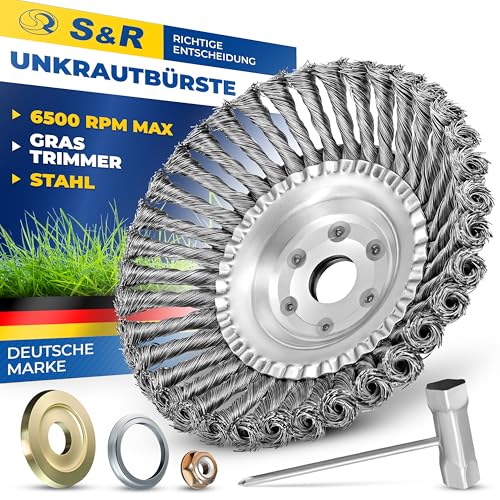 S&R Unkrautbürste, Stahlbürste 200 mm x 25,4 mm, Set 5-tlg mit Zubehör, gezopfter Stahldraht, Kegelbürste für Motorsense, Wildkrautbürste gegen Unkraut, Moos, starke Verunreinigungen S&R Unkrautbürste, Stahlbürste 200 mm x 25,4 mm, Set 5-tlg mit Zubehör, gezopfter Stahldraht, Kegelbürste für Motorsense, Wildkrautbürste gegen Unkraut, Moos, starke Verunreinigungen von S&R