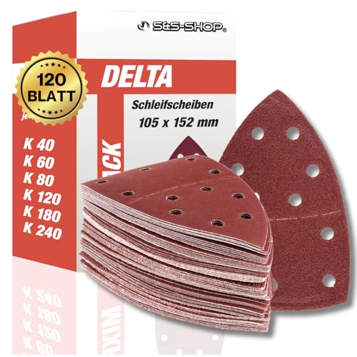 Klett Prio-Schleifdreiecke Mix, 120 Blatt, 105x152 mm, 11-Loch, 20x Korn 40/60/80/120/180/240, für Multischleifer, Schleifscheiben-Set, für Deltaschleifer und Multimaster von S&S-Shop