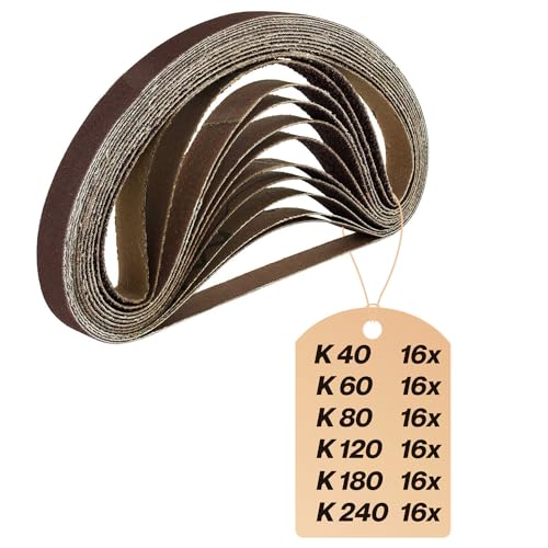 96 Stück Schleifbänder | 13 x 457mm | Schleifband Set | je 16 x Korn 40-60-80-120-180-240 | für Powerfeile, Bandfeile, Handschleifer und Stabschleifer | Schleifpapier von S&S-Shop