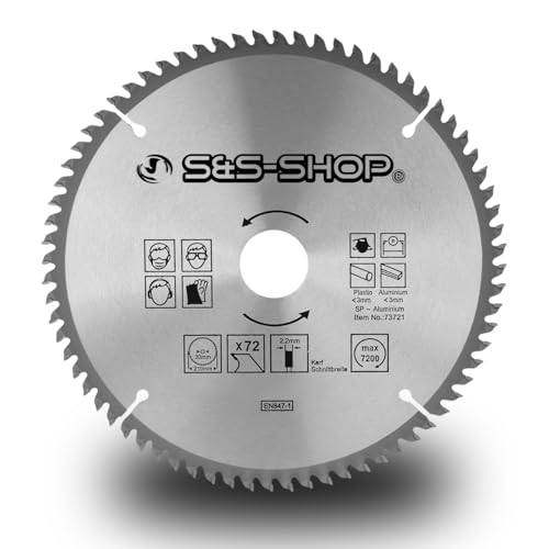 Kreissägeblatt für Aluminium & Kunststoff – Ø 210 x 30 mm, 72 Zähne, HM – für Handkreissäge & Tischkreissäge, präzisionsgeschliffen, inkl. Adapter, max. 7200 U/min, Metallkreissäge von S&S-Shop