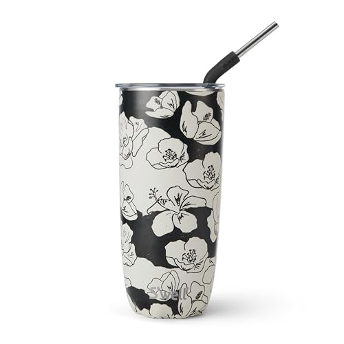 S'well Edelstahlbecher mit Strohhalm und Schiebedeckel, 700 ml, Blüten anthrazit, dreilagiger, vakuumisolierter Behälter, hält Getränke 18 h kalt und 5 h heiß, BPA-frei von S'well