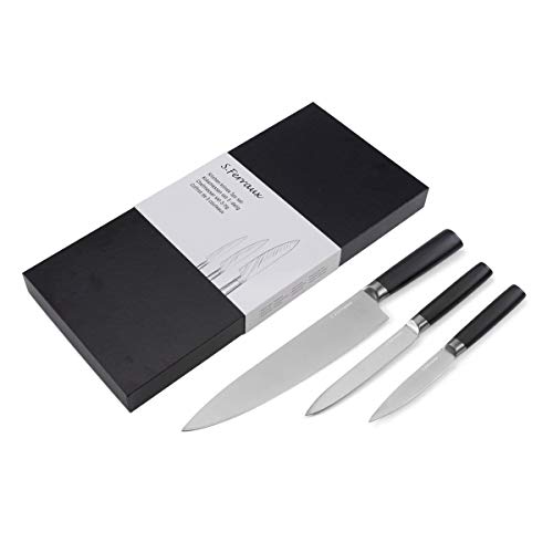Ferraux Professional 3er Messerset Edelstahl Kochmesser 20 cm (Japanisch) - Fleischmesser - Allzweckmesser - Edelstahl - Griff in Holzoptik - - Aus einem Stück geschmiedet von S. Ferraux