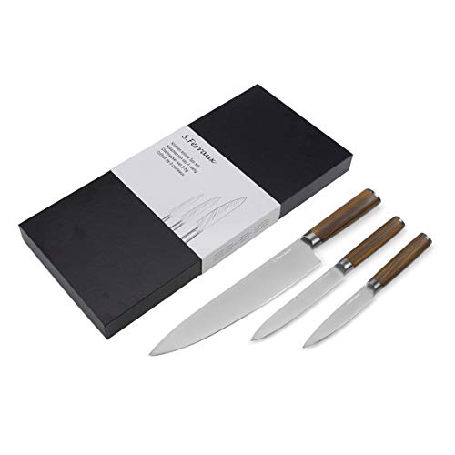 Ferraux Professional 3er Messerset Edelstahl Kochmesser 20 cm (Japanisch) - Fleischmesser - Allzweckmesser - Edelstahl - Griff in Holzoptik - - Aus einem Stück geschmiedet von S. Ferraux