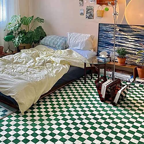 S.H SUIHONG Retro Grün Weiß Karierter Teppich Bereich Teppich Für Wohnzimmer Schlafzimmer Dekor Grün Karierter Teppich Nordische Einfache Couchtischmatte-100cm(L) x150cm(H) von S.H SUIHONG