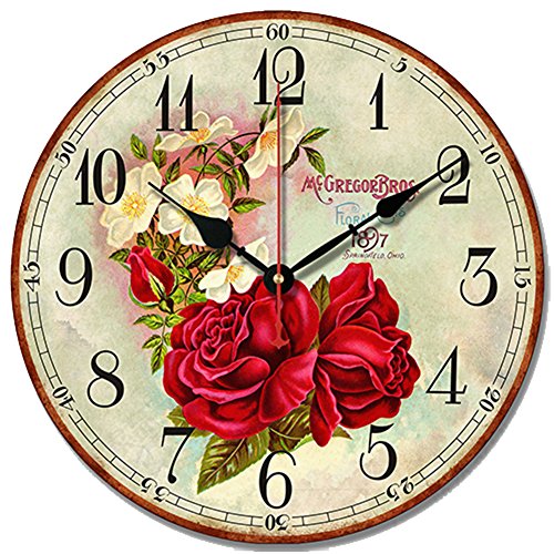 SWHONG Shabby Chic Wanduhr Romantische Rose Blumen Vintage Wanduhr, Holz Silent Round Clock für Home Decoration 12 Zoll 30,5 cm von S.W.H