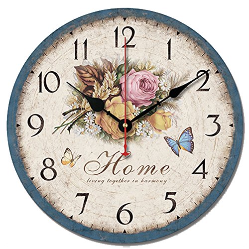 SWHONG Floral Shabby Chic Wanduhr Retro Holzuhren Silent Wohnzimmer Schlafzimmer Küche Home Decor 10 Zoll von S.W.H