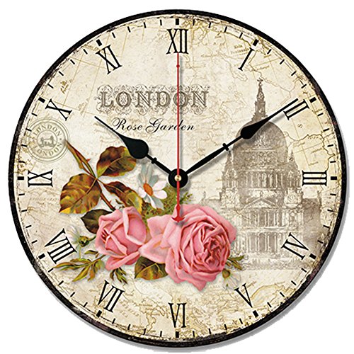 SWHONG Shabby Chic Blumen Wanduhr - Vintage Holz Silent Round Clock mit London & 3D Rose Design Dekoration Geschenk 12 Zoll von S.W.H