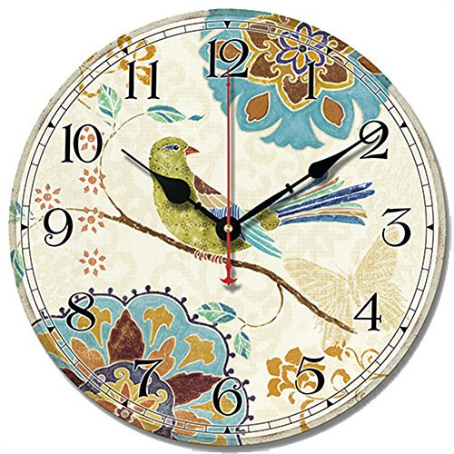 SWHONG Wanduhr, bunt, Shabby Chic, Vogel & Blumen, Nicht Ticking, für Wohnzimmer, Dekoration des Hauses von S.W.H