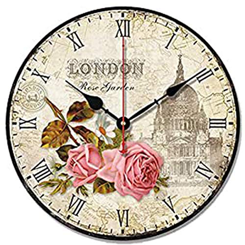 SWHONG Wanduhr im Shabby Chic Stil, mit Blumenmuster, Vintage Stil, Holz, leise, runde Uhr mit London und 3D Rosen Design, Dekoration, Geschenk, 25,4 cm von S.W.H