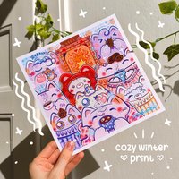 Cosy Winterkatzen Kunstdruck | Süße Kunstdrucke Katze Illustration Katze-Doodle-Kunst Süßes Katzen Motiv Poster Süßen Postern von S1MoonKa