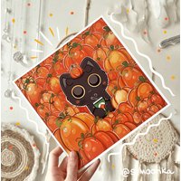 Pumpkin Spice Tetsu Kunstdruck | Süßer Katze Illustration Herbst Kunst Süßes Katzen Motiv Kürbis Kaffee Süße Poster Schwarze von S1MoonKa