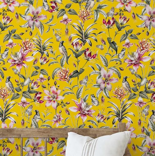 S4Sassy Selbstklebende dekorative Tapete, exotische Vögel und Blumen, strukturiertes Vinyl, wasserfestes Kontaktpapier, Gelb, 63,5 x 304,5 cm, mieterfreundliche Wandverkleidung für Schlafzimmer von S4Sassy