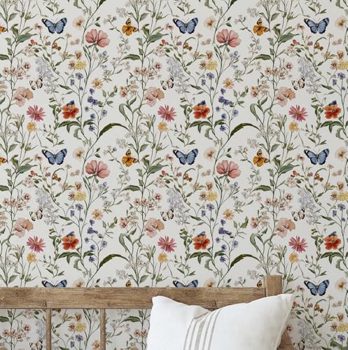 S4Sassy Tapete mit Blumen- und Schmetterlingsmotiv - weiße Wandverkleidung, 63,5 x 914,4 cm, selbstklebende strukturierte Vinyl-Tapete, einfache DIY-Wandverkleidung für Schlafzimmer, Wohnraum von S4Sassy