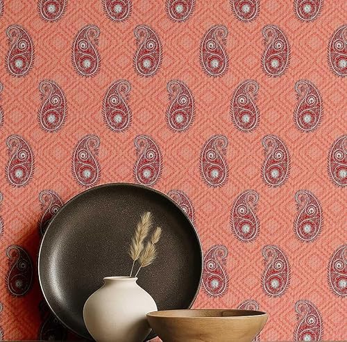 S4Sassy Tapete mit Ikat-Druck - Wandverkleidung im asiatischen Stil, 63,5 x 914,4 cm, selbstklebende strukturierte Vinyl-Tapete, einfache DIY-Wandverkleidung für Schlafzimmer, Wohnzimmer - Pfirsich von S4Sassy