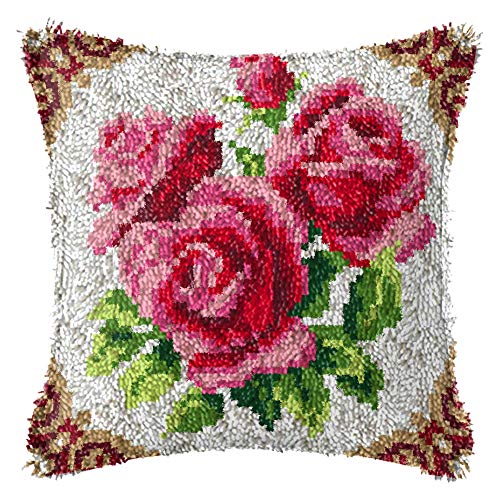 Knüpfkissen Zum Selber Knüpfen,Handarbeit Häkeln Für Erwachsene Diy Dekokissenbezug Shaggy Craft, Rosa Rosen Muster Handarbeiten Kreuzstich-Sets Dekokissenbezug, Für Sofakissenbezug Heimdekorati von SAAKO