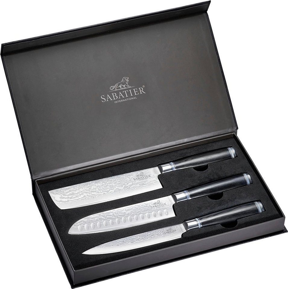 SABATIER International Messer-Set (Set, 3-tlg., 1x Damast Santoku, 1x Damast Nakiri, 1x Damast Sashimi), 67-lagiger geschmiedeter Damast-Klingenstahl von SABATIER International