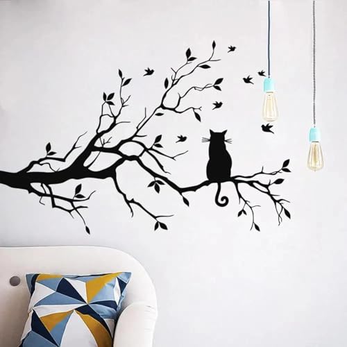 SABORR Katze auf einem Ast Wandaufkleber Wohnzimmer Sofa Hintergrund Schlafzimmer Dekoration Tier Aufkleber Aufkleber schwarz PVC von SABORR