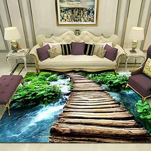 SABORR Wasserfall Holzbrücke 3D Teppich Wohnzimmer Couchtisch Teppich Schlafzimmer Balkon rechteckige Bodenmatte Türmatte von SABORR