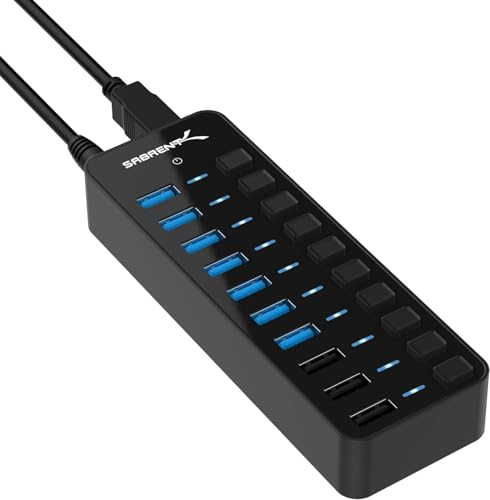 SABRENT USB Hub aktiv 3.2x1 + netzteil 60W 10port (7 USB hub 3.2 + 3 Ladeanschlüsse) USB Adapter mehrfach Verlängerung, USB Verteiler, Powered USB hub, mit EIN/AUS Schaltern, fur PS5, PC, MacBook von SABRENT