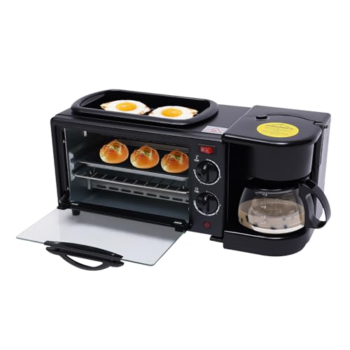 SABUIDDS 3 in 1 Multifunktional Frühstücksmaschine inkl 9L Mini Backofen Grillplatte & 0.6L Kaffeemaschin, Mini Ofen mit Grillplatte für die Zubereitung von Sandwiches Kuchen Kaffee, Schwarz von SABUIDDS