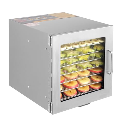 SABUIDDS Dörrautomat Edelstahl mit 8 Einlegefächer Food Dörrgerät von 35-90 ℃, 24h-Timer, 700W, inkl. 8 Dörrgitter, 1 Dörrtabletts, Dehydrator für Fleisch, Obst, Gemüse BPA Frei, LED-Display, Silber von SABUIDDS