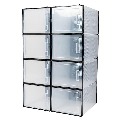 SABUIDDS Schuhboxen 8er Set Schuhkartons Kunststoffbox Stapelbar Transparent Aufbewahrungsbox mit Deckel, Schuhaufbewahrung für Stöckelschuhe, Stiefeletten, Pumps, High Tops, bis Größe 47, Schwarz von SABUIDDS