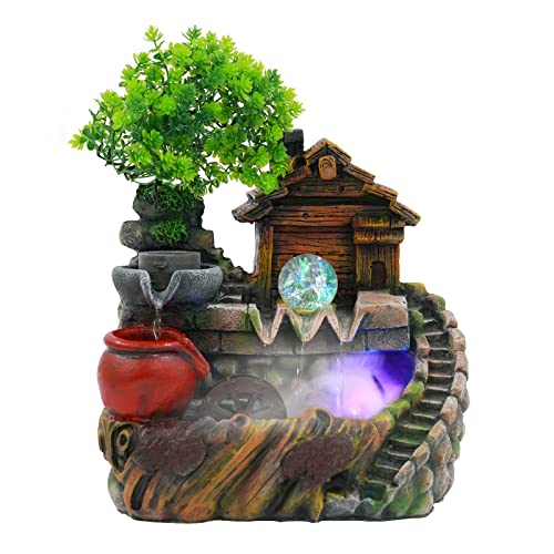 SABUIDDS Zimmerbrunnen Wasserfall mit LED Beleuchtung & Nebel, Wasserfall Pool mit Pflanzen Garten Aquarium Harz Desktop-Brunnen Tischbrunnen für Schlafzimmer Wohnzimmer Studi Büro von SABUIDDS