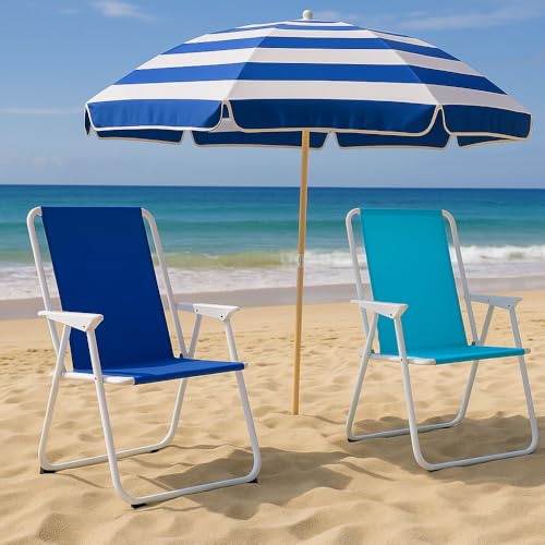 SACAR Klappbarer Relax-Stuhl mit Eisengestell Ø19 x 1,5 mm – Bezug aus wasserdichtem Textilene – mit Armlehnen – ideal für Strand, Camping, Garten (1 blaue Stühle + 1 hellblau) von SACAR