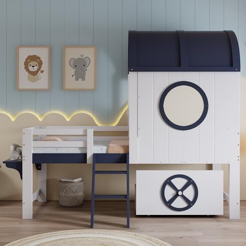 Etagenbett 90x200cm Halbhohes Bett Kinderbett mit Dach und Fenster Untere Schublade mit Rollen Praktische zweistufige Schrägleiter Kiefer + MDF + Sperrholz Weiß + Dunkelblau von SACOOL