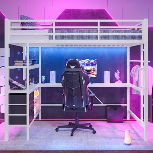 Hochbett 140 * 200cm Mit LED-Leuchten Schreibtisch Steckdose USB 3 Schubladen Regale Geländer Treppe ohne Matratze Weiß Hochbett 140 * 200cm Mit LED-Leuchten Schreibtisch Steckdose USB 3 Schubladen Regale Geländer Treppe ohne Matratze Weiß von SACOOL