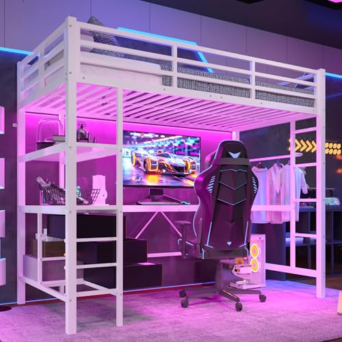 Hochbett 90 * 200cm Mit LED-Leuchten Schreibtisch Steckdose + USB 3 Schubladen Regale Geländer Treppe ohne Matratze Weiß Hochbett 90 * 200cm Mit LED-Leuchten Schreibtisch Steckdose + USB 3 Schubladen Regale Geländer Treppe ohne Matratze Weiß von SACOOL