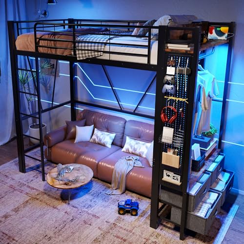 Hochbett 90 x 200cm Eisenrahmen Mit Trockenstab Mit Einlegeböden 4 Schubladen Mit USB+Type-C Steckdose LED-Leiste Geländer Trittleiter mit Lochbrett ohne Matratze schwarz Hochbett 90 x 200cm Eisenrahmen Mit Trockenstab Mit Einlegeböden 4 Schubladen Mit USB+Type-C Steckdose LED-Leiste Geländer Trittleiter mit Lochbrett ohne Matratze schwarz von SACOOL