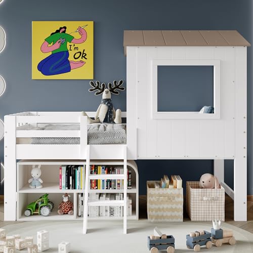 Kinderbett 90x200cm Halbhohes Bett Hausbett mit Dach und Fenster Vierseitiger Zaun mit kleine Treppe Freier Stauraum unter dem Bett Kiefer + MDF + Sperrholz Weiß+Natur Kinderbett 90x200cm Halbhohes Bett Hausbett mit Dach und Fenster Vierseitiger Zaun mit kleine Treppe Freier Stauraum unter dem Bett Kiefer + MDF + Sperrholz Weiß+Natur von SACOOL