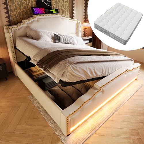 Polsterbett 140x200 Doppelbett hydraulischem Stauraum LED-Beleuchtung USB-C-Ladeanschluss Stauraumbett Jugendbett Lattenrost Samt Beige Mit Matratze von SACOOL